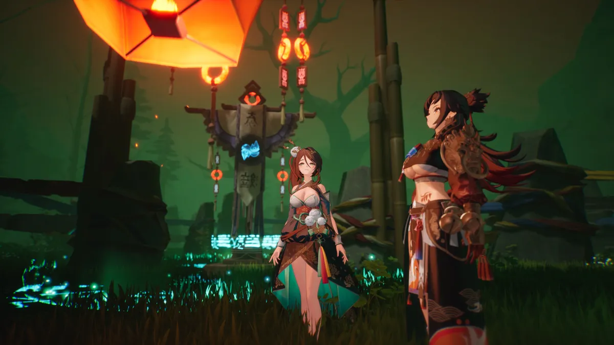 《魔御：STAR DIVE》秀拉新地區中，美娜與同伴站在落山祭壇前的韓國神話風遊戲截圖